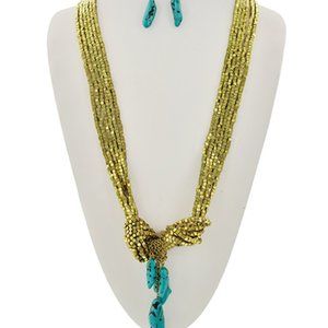 BURNISHED GOLD & GREEN MULTI STRAND Y NECK SET